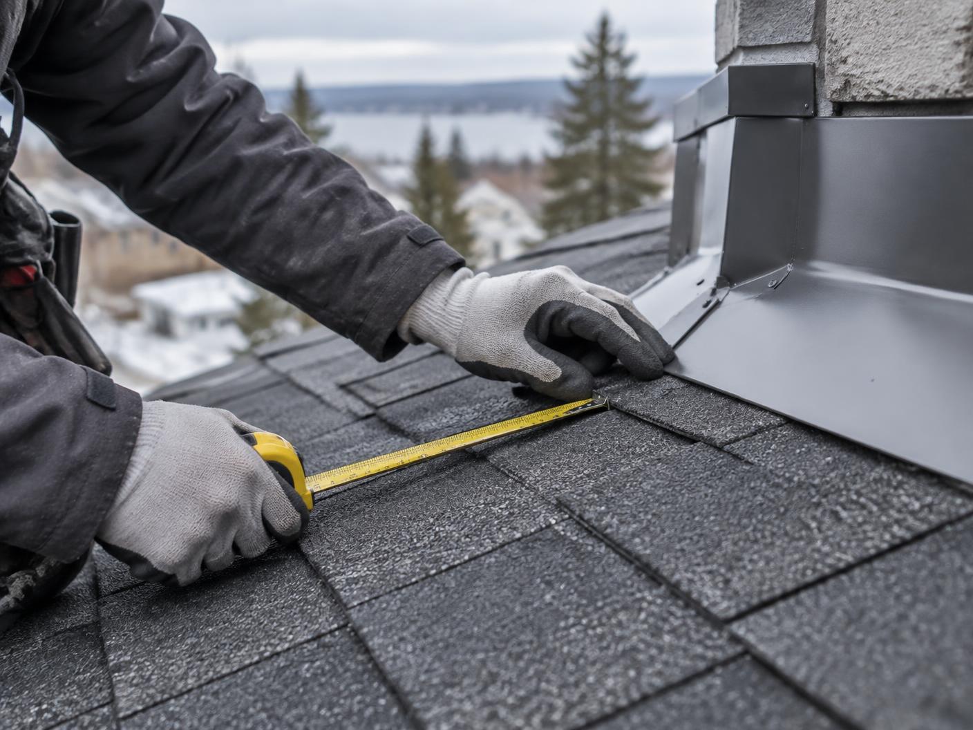 Close view of roofing materials being carefully measured