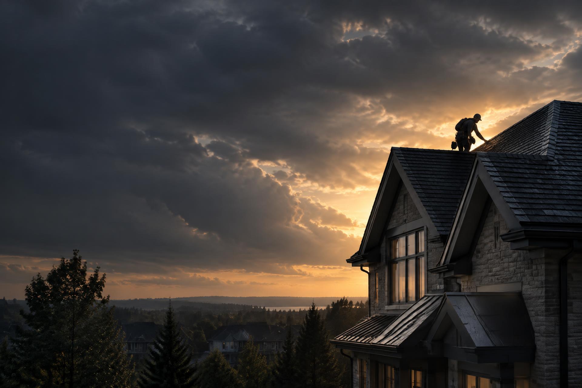 Roofing professional inspecting an Ontario roofline at sunset