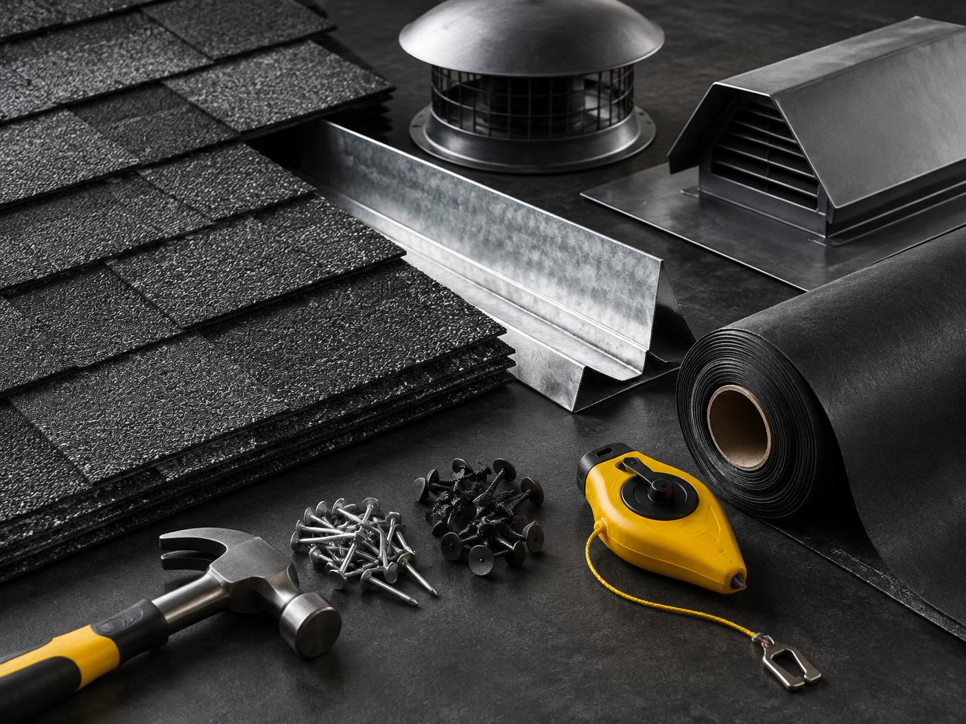 Roofing shingles, flashing and tools arranged for inspection